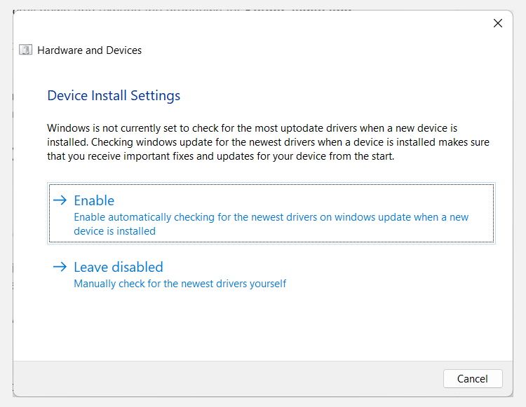 enable driver search in windows hardware and device troubleshooter