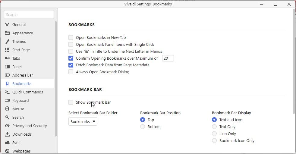 hide bookmarks bar settings vivaldi browser