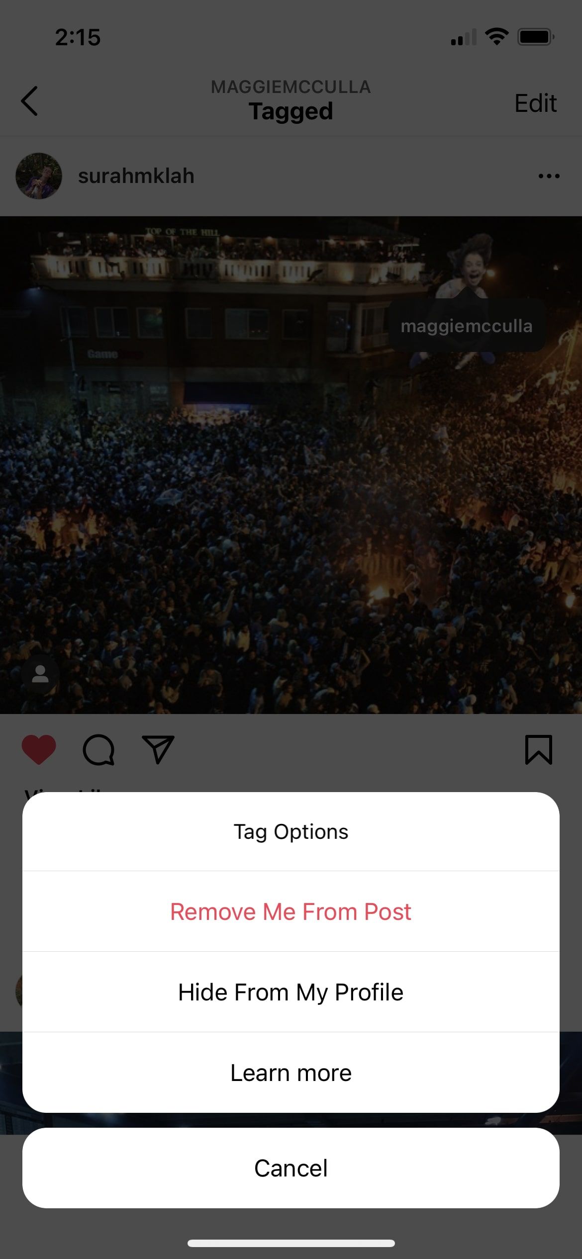 Screenshot of tagged photo options on Instagram
