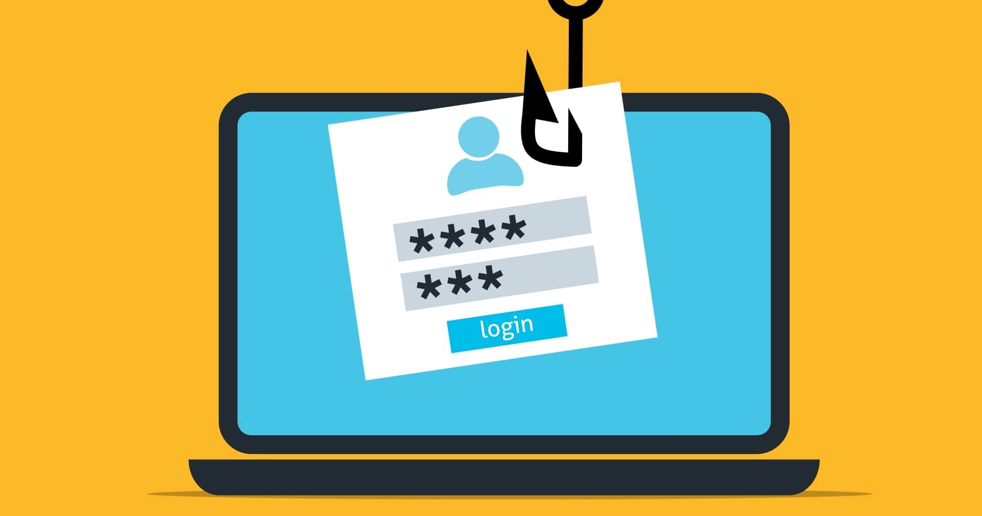 phishing hook stealing login details on laptop