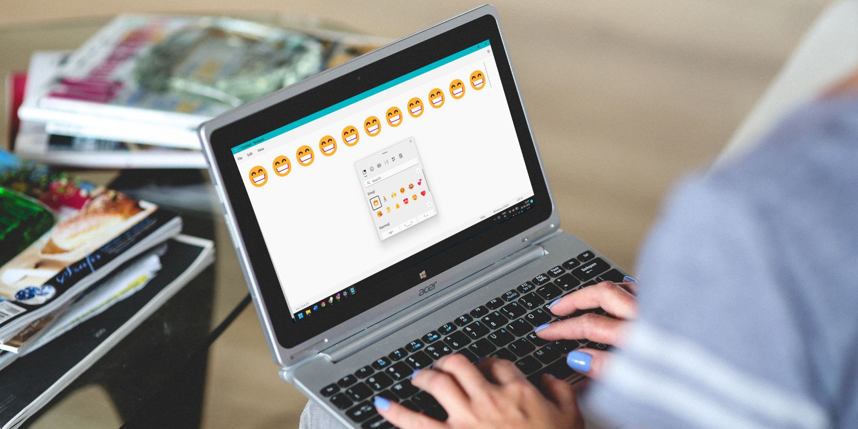 a girl adding emojis in notepad on Windows 11
