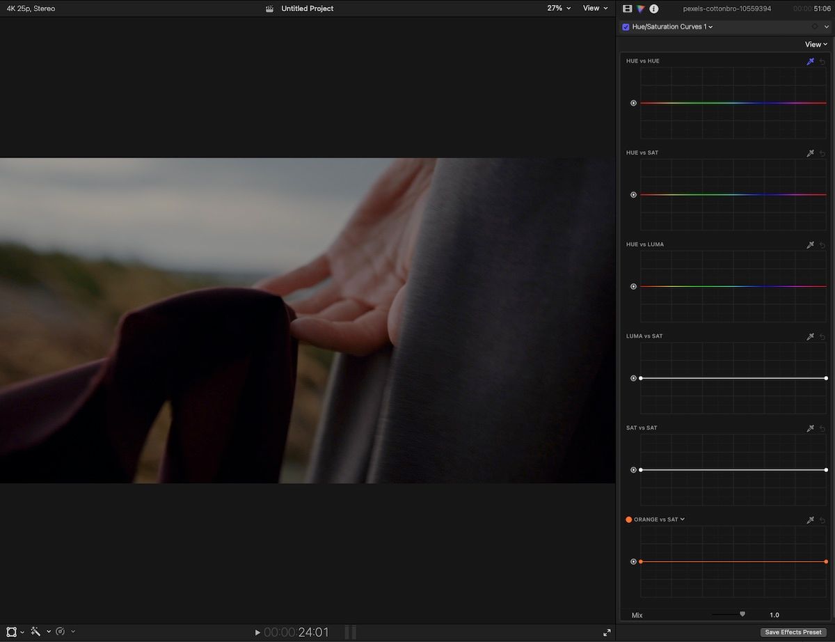 Screenshot of Final Cut Pro with the hue sat curves option