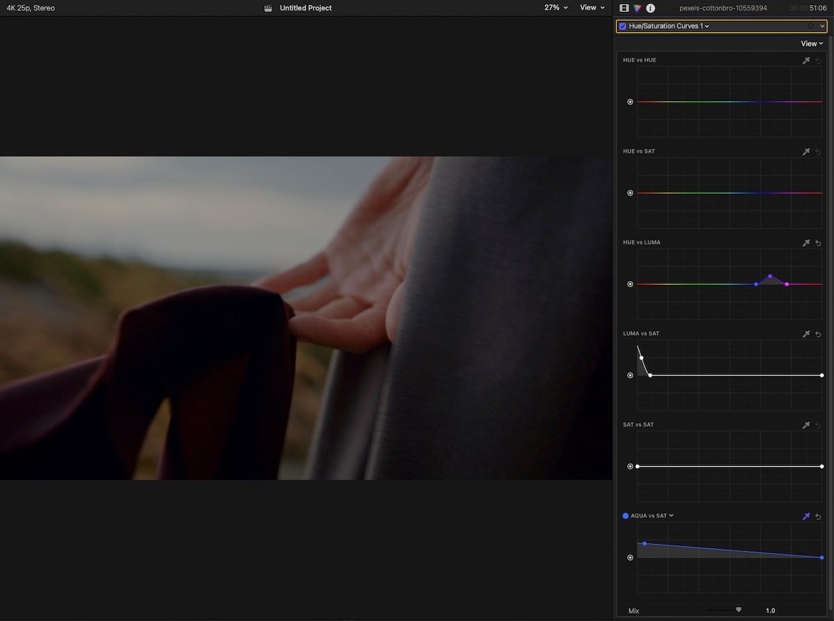 Screenshot of Final Cut Pro with the hue sat curves option adjusted