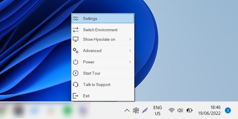 navigating to hysolate's settings in the system tray on windows 11