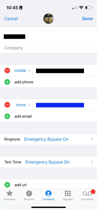 Screenshot of contact settings on a smart phone