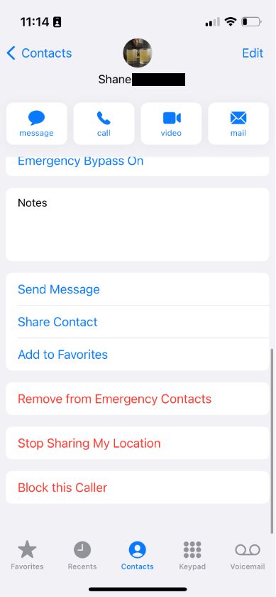 Screenshot of a contact menu on a smartphone