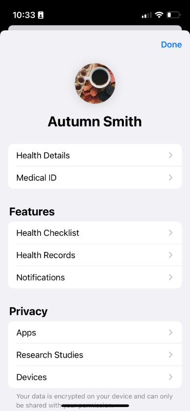 Screenshot of a health app menu on a smart phone