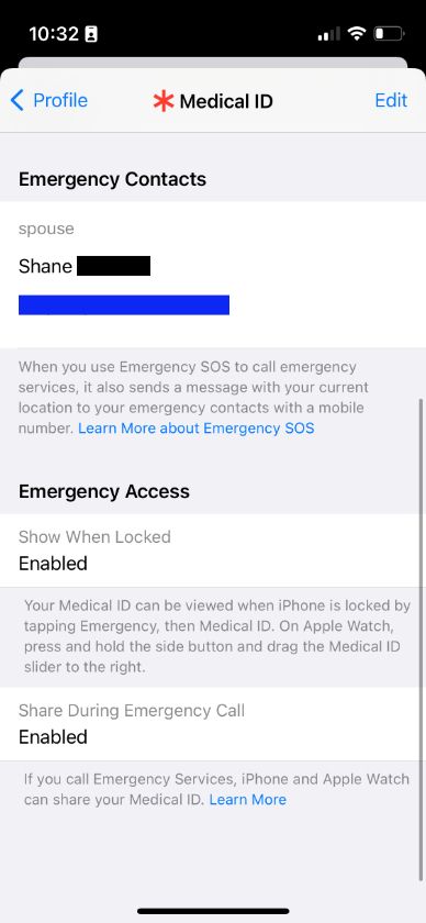 Screenshot of emergency contacts section on smart phone