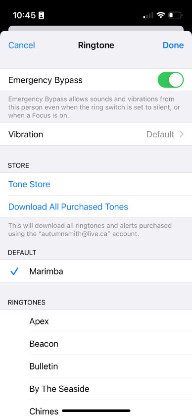 Screenshot of a ring tone menu on a smartphone