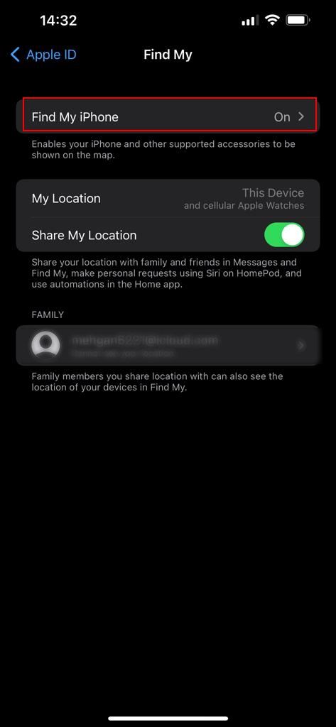 iPhone Find My settings.