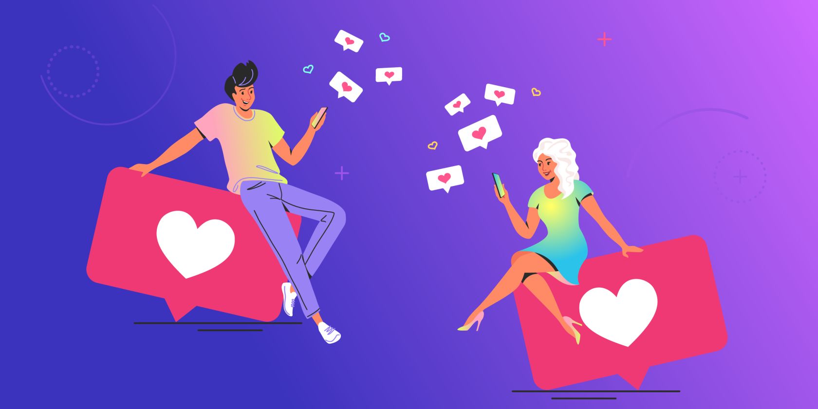 Illustrations of young couples sitting in the bubbles of emails and emails