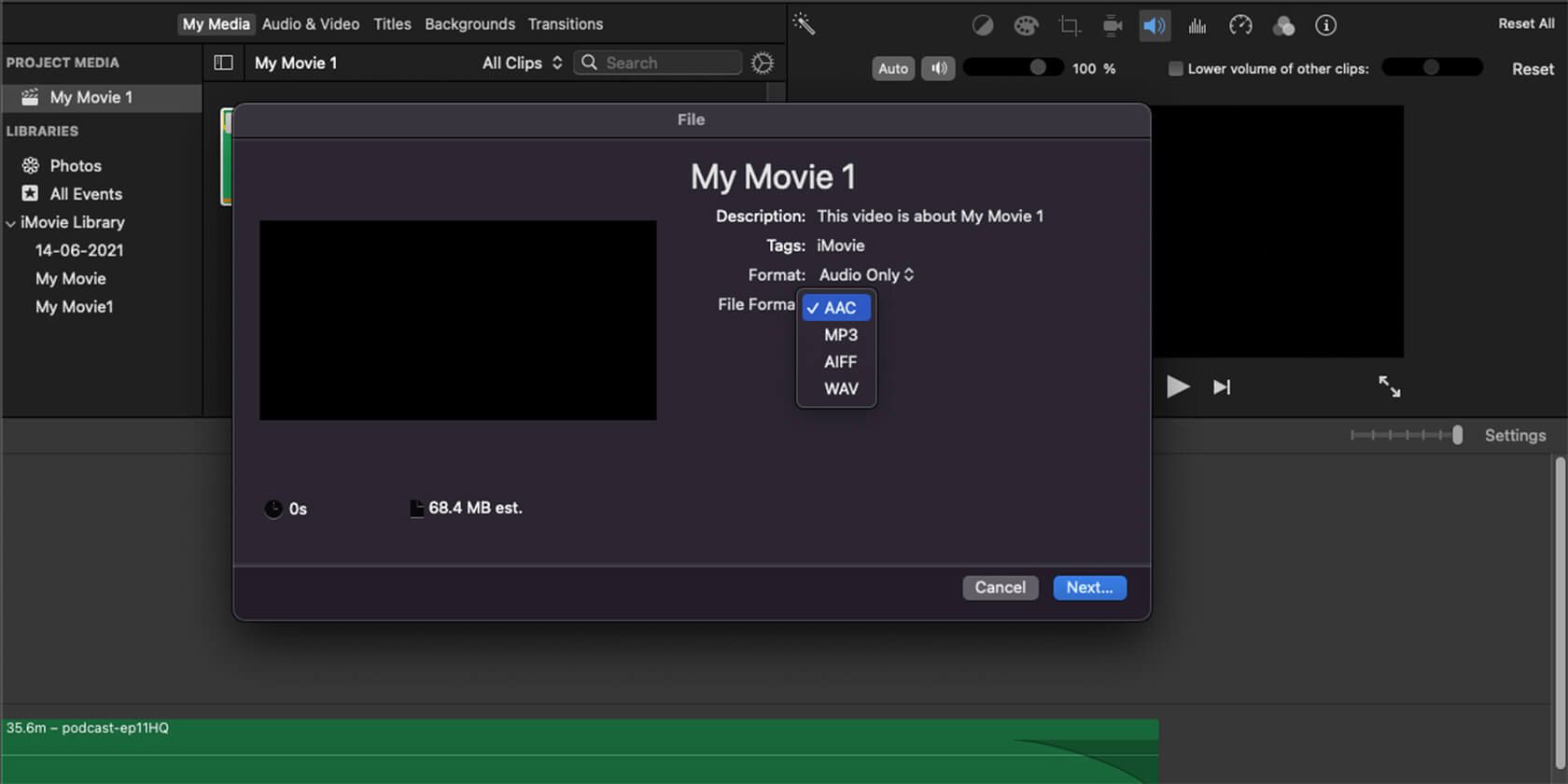 Pick audio type in iMovie