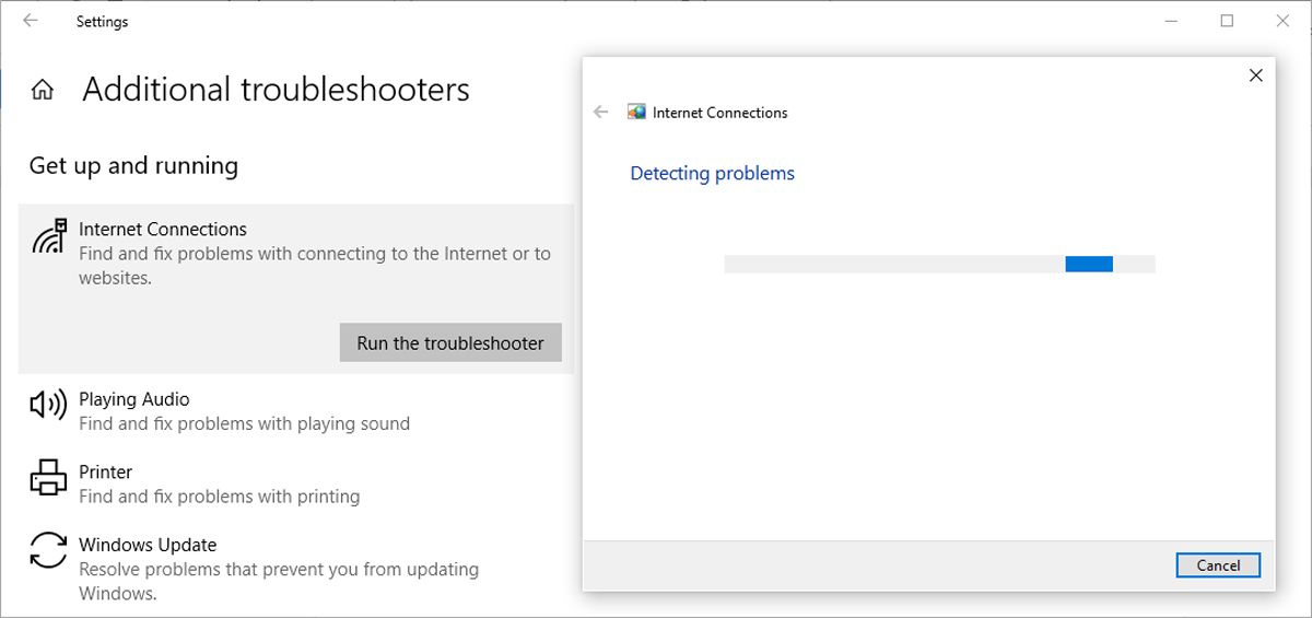 Internet troubleshooter in Windows 10
