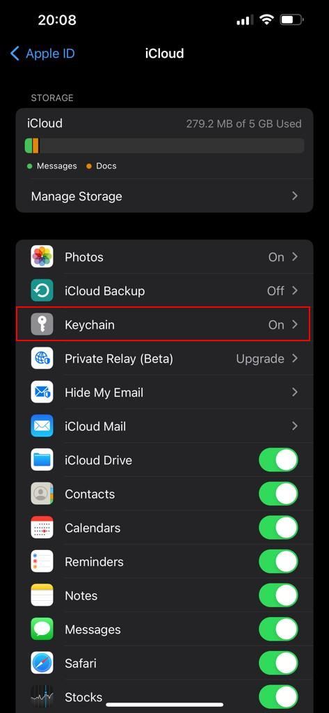 Screenshot showing iCloud settings