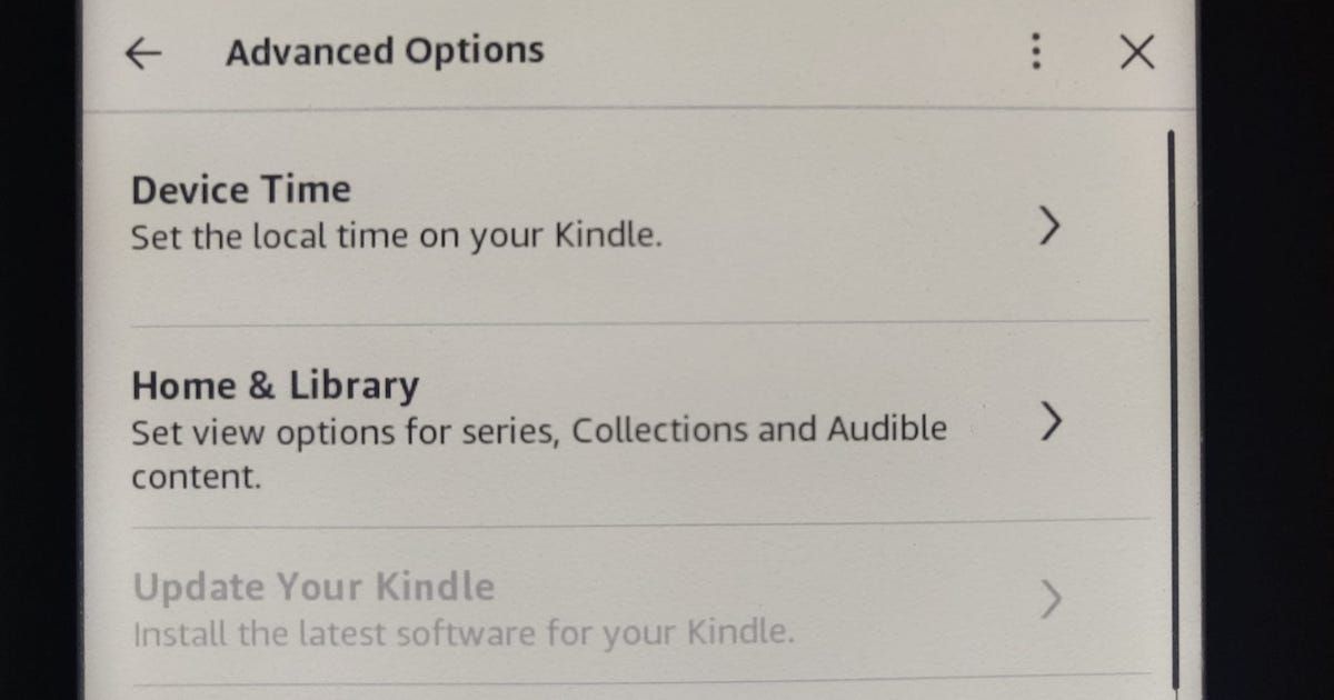 The Kindle Advanced Options with Update Your Kindle greyed out