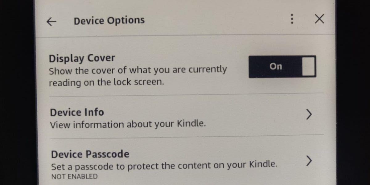The Display Cover option on a Kindle enabled