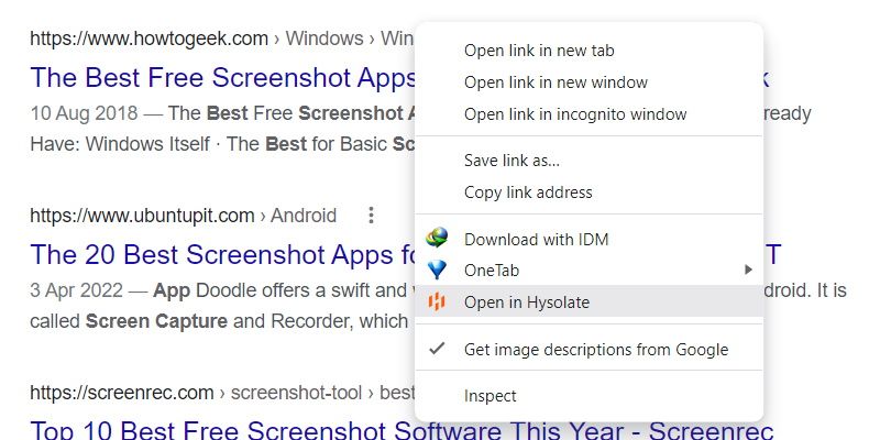 opening a link in hysolate from google chrome's search results