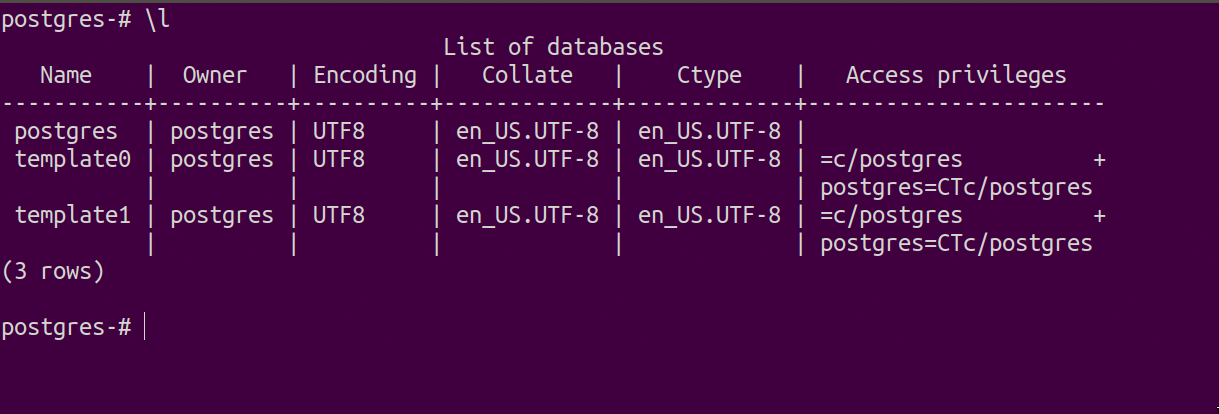 list of database in postgres on the terminal