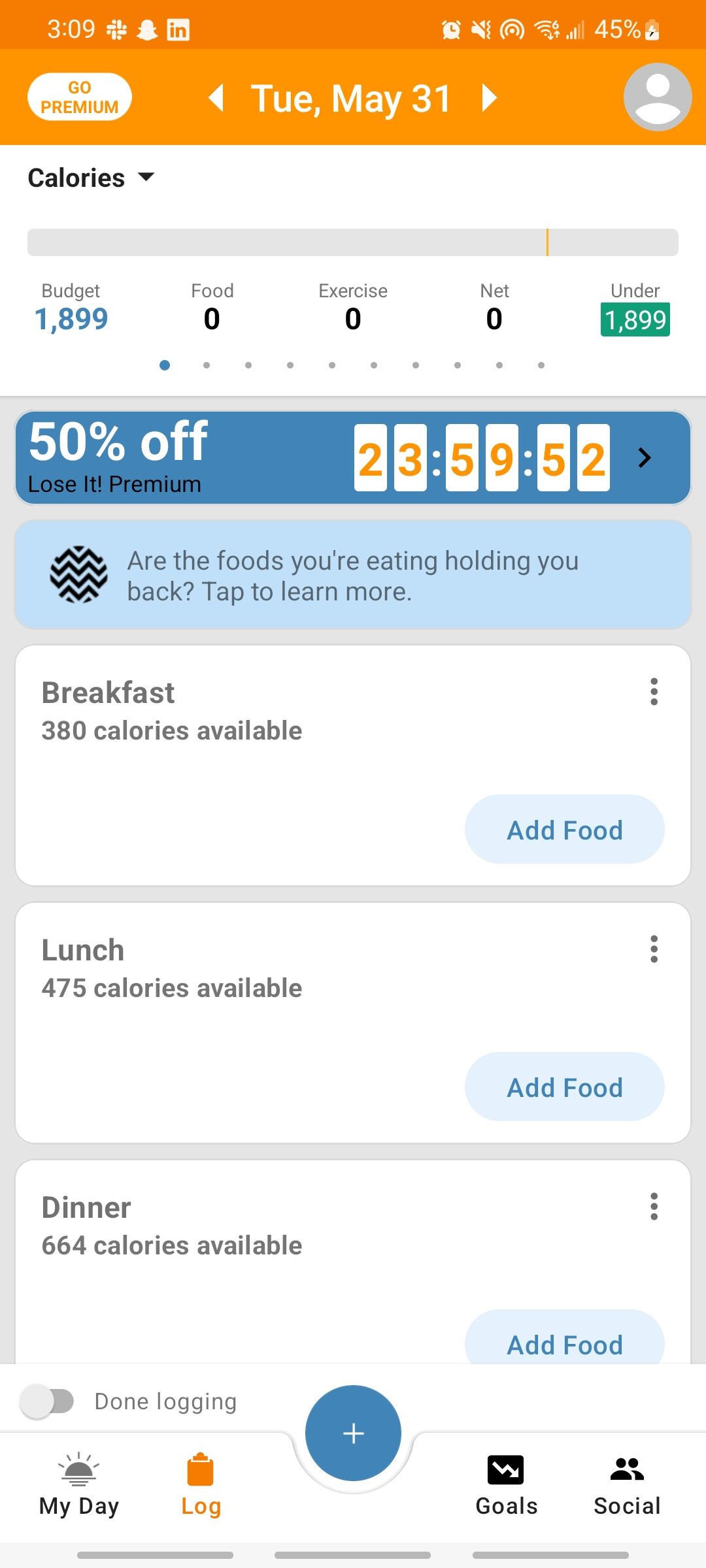 loseit app log screen showing how many calories you have available