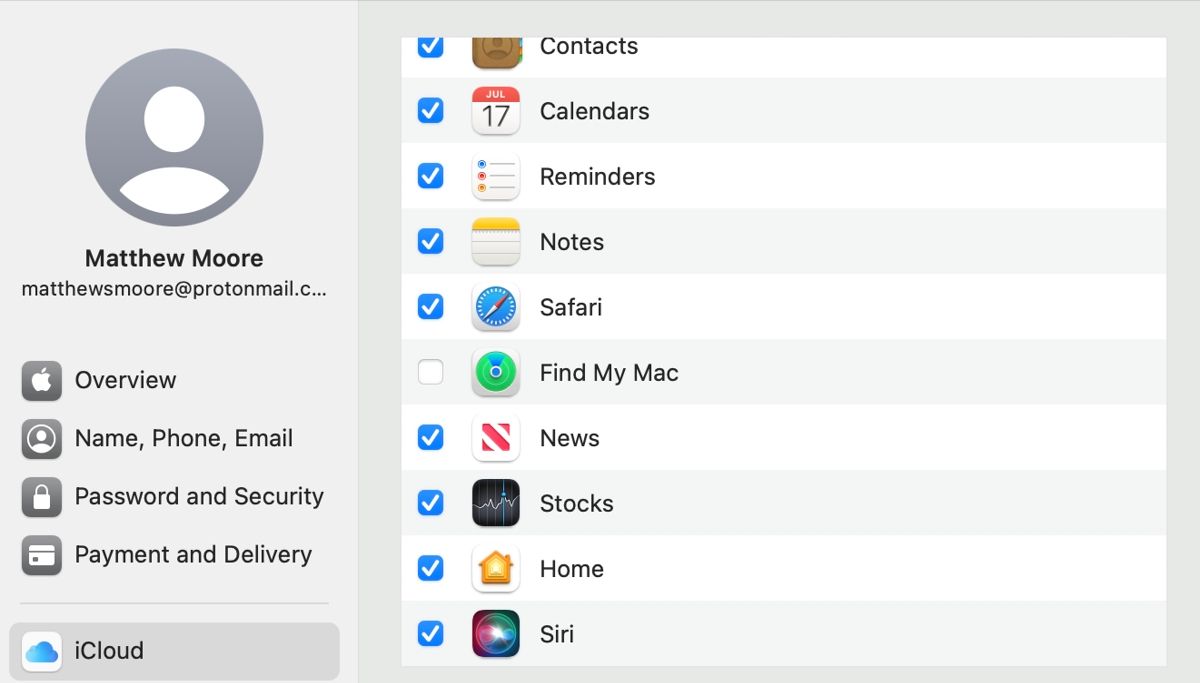 Mac iCloud preferences window