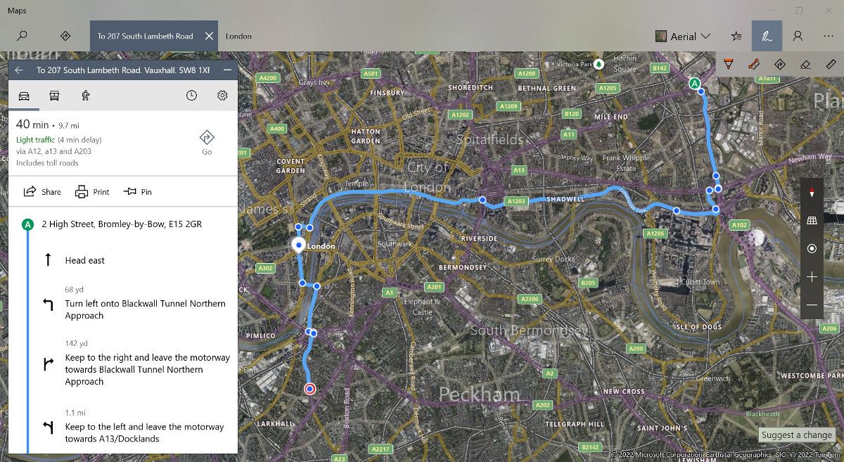 Drawing a route in the WIndows Maps app