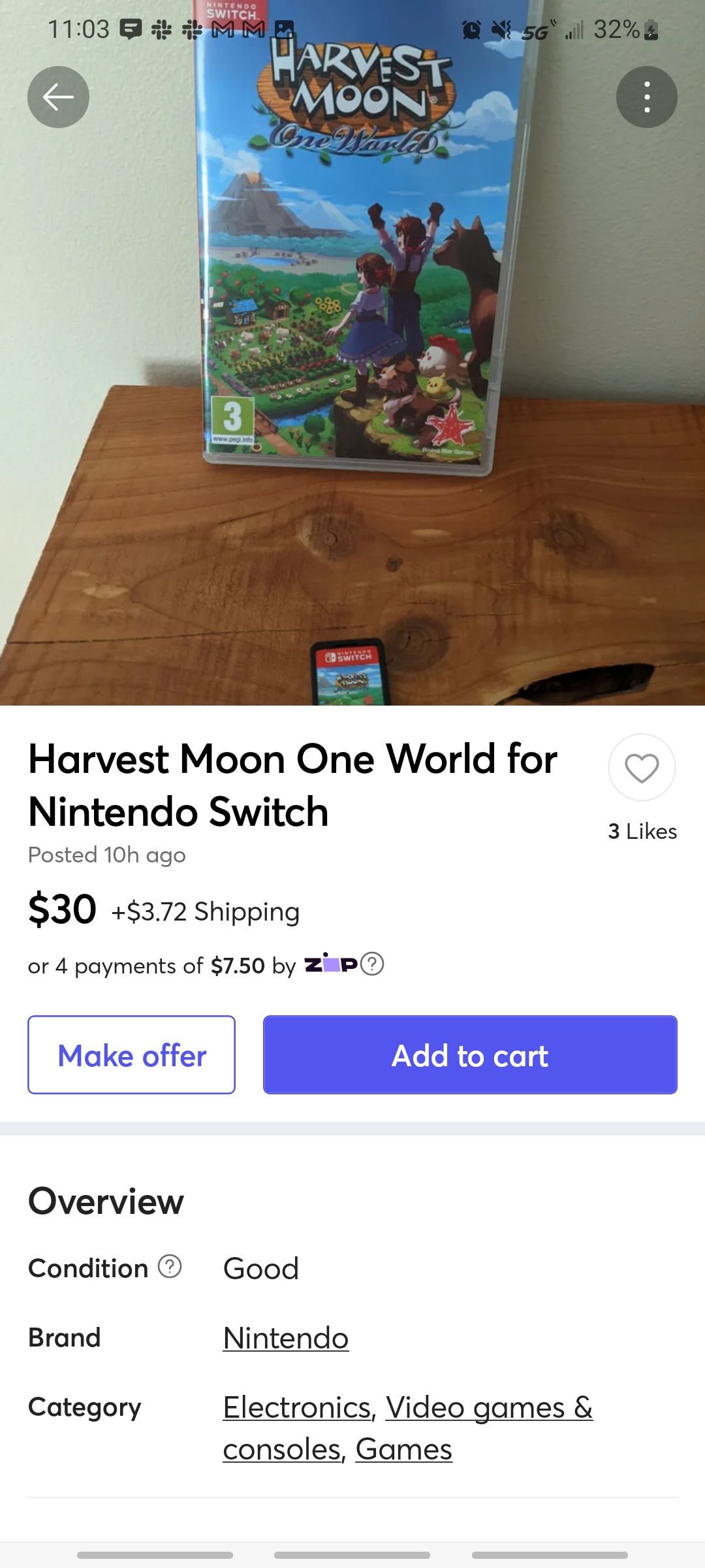 mercari listing for harvest moon one world for nintendo switch