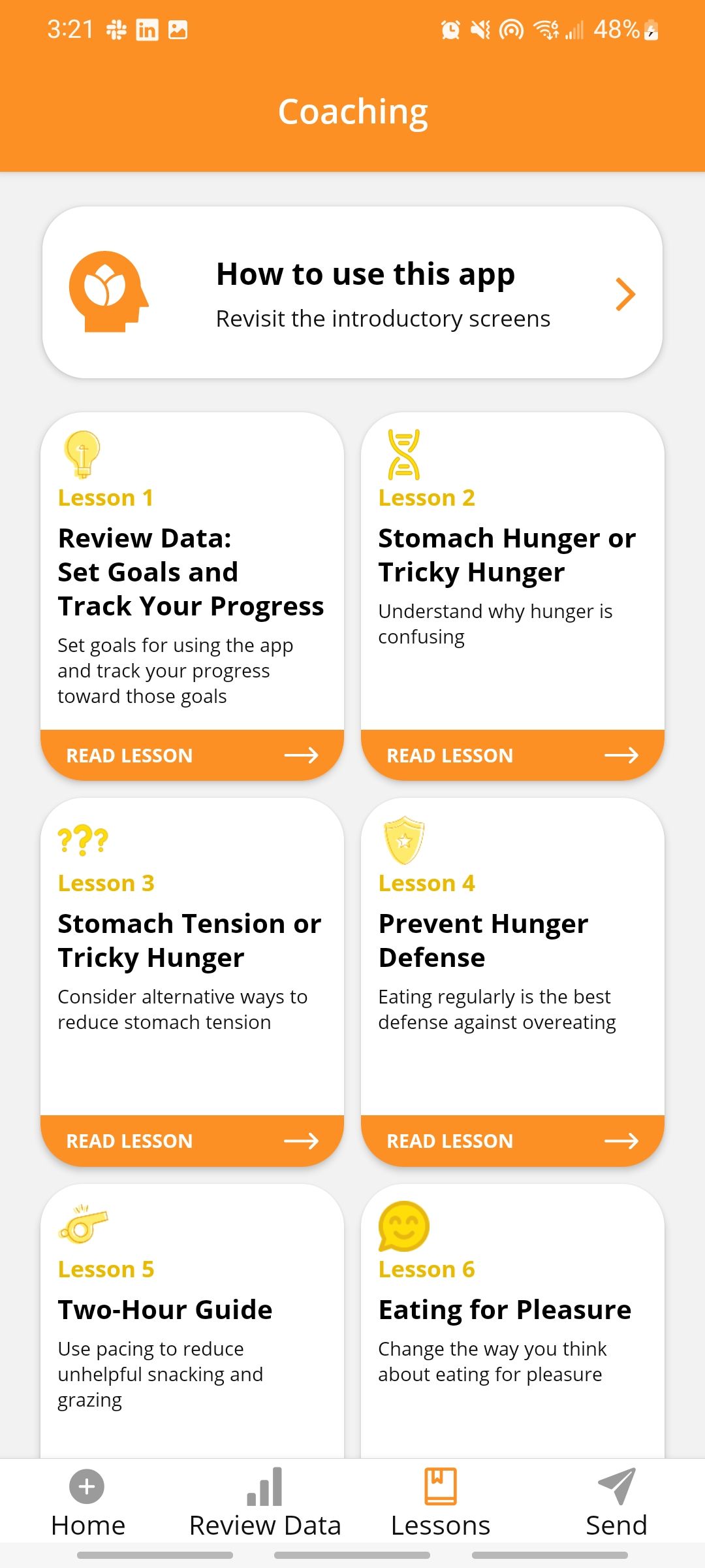 mindful eating coach app lessons tab where you can learn