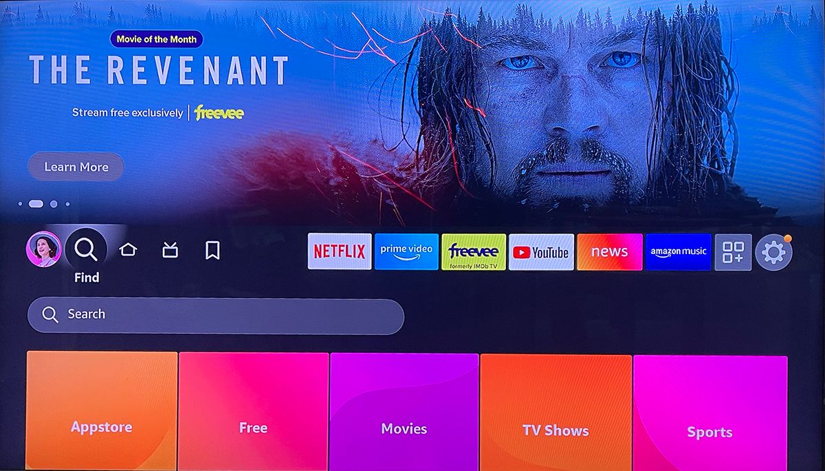 amazon fire stick 4k max Find menu display shows search bar and categories