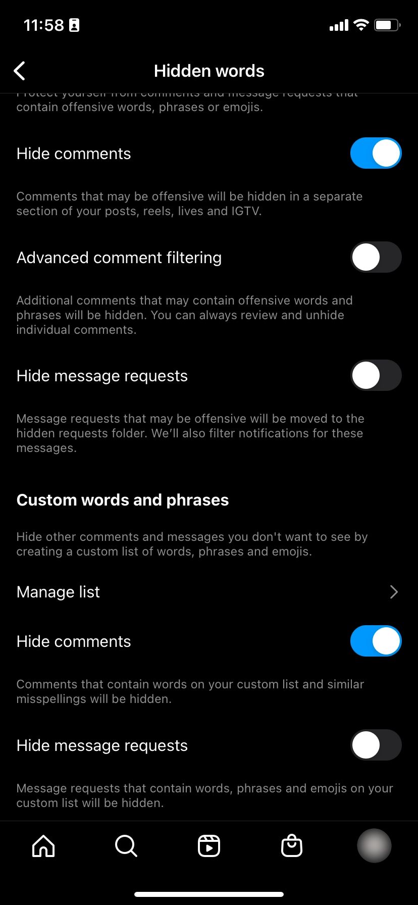 Filter comments by words and phrases on Instagram