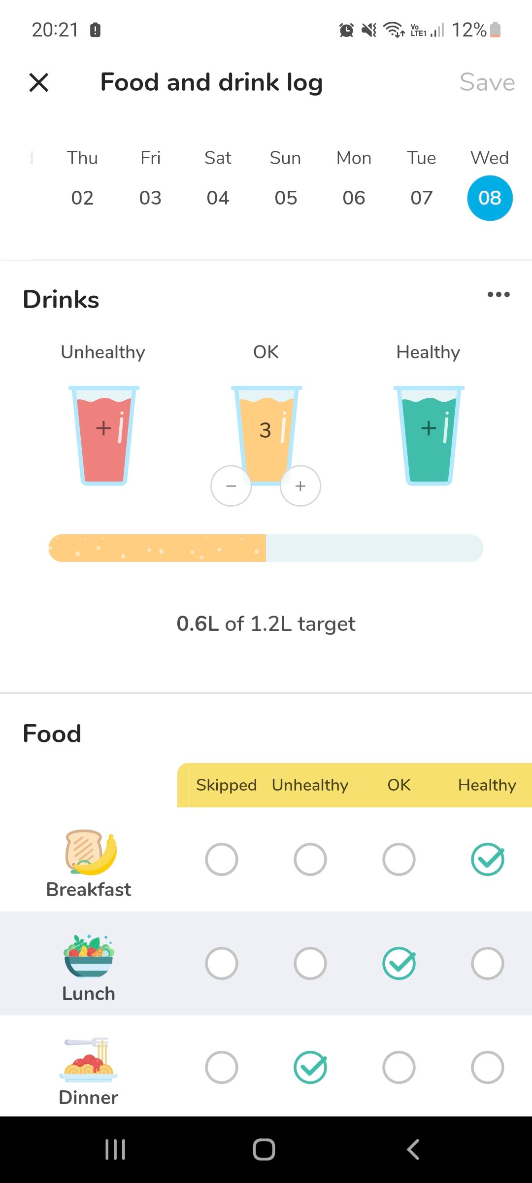 my possible self mental health mobile app food drink log