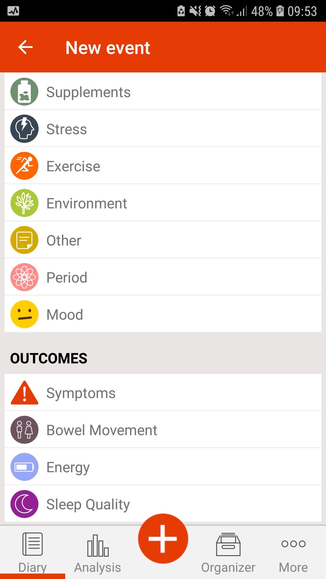 mySymptoms food diary mobile app events outcomes