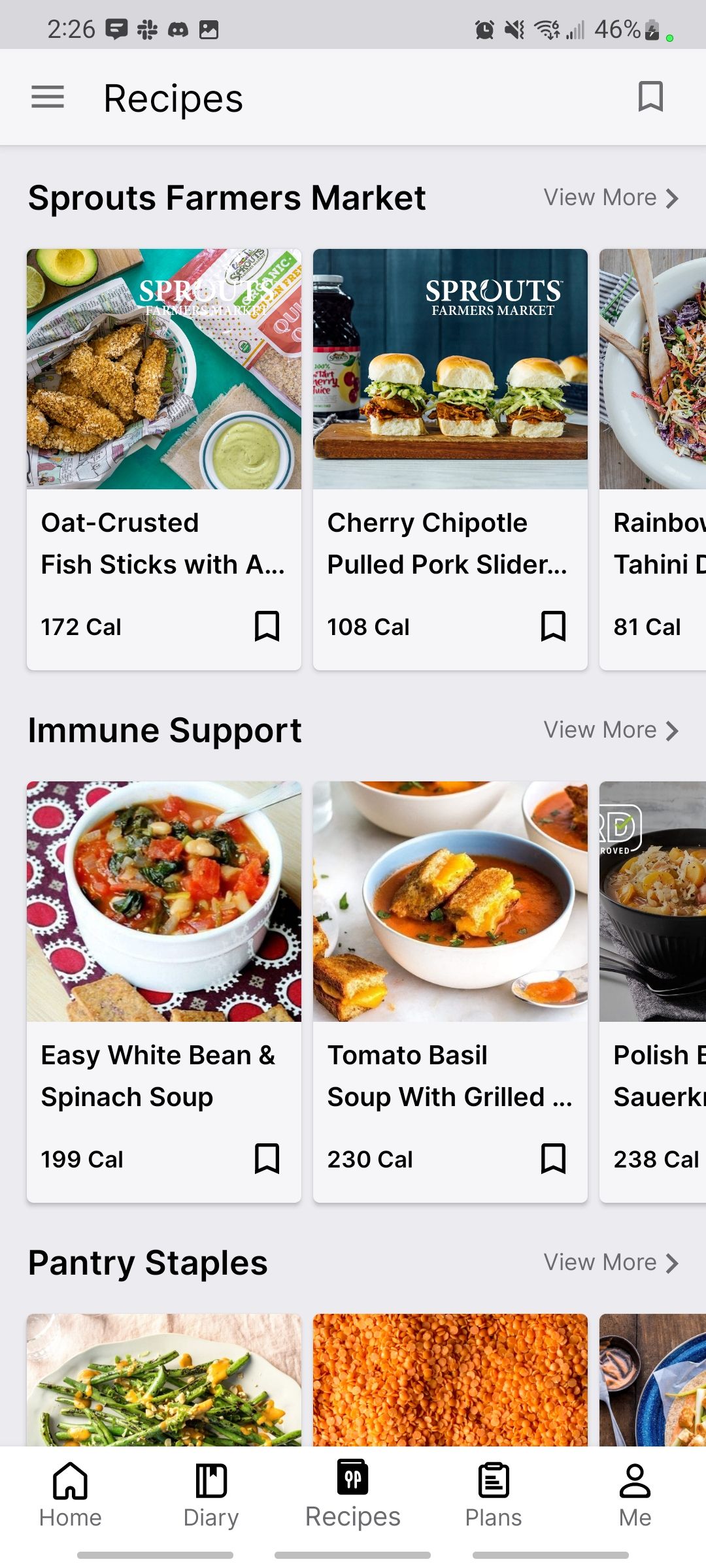 myfitnesspal app showing recipe ideas