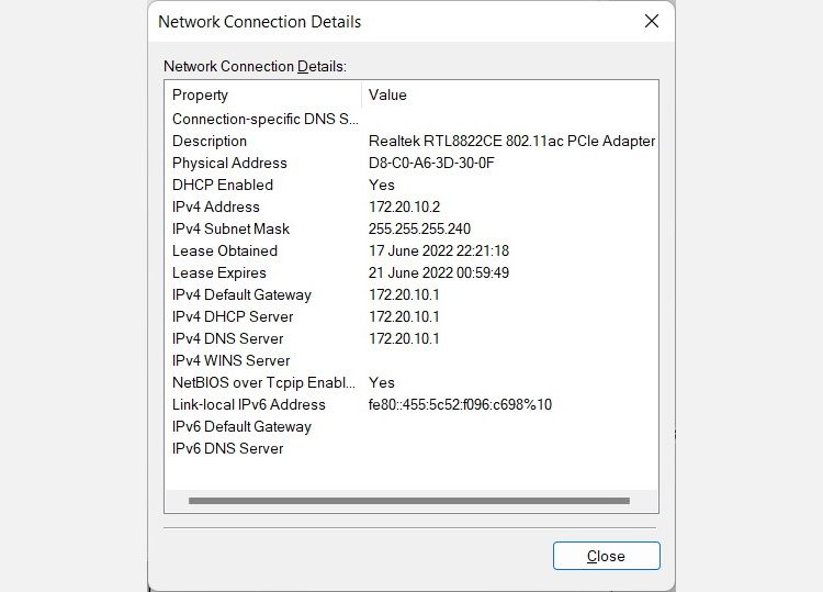 network connection details in windows