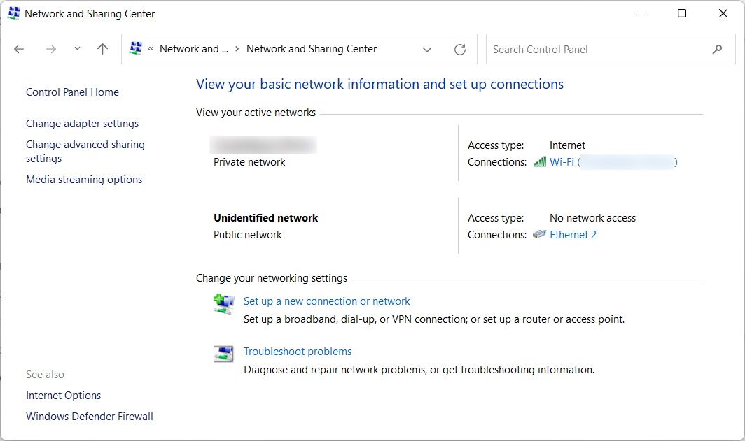 the network and sharing center in the windows control panel