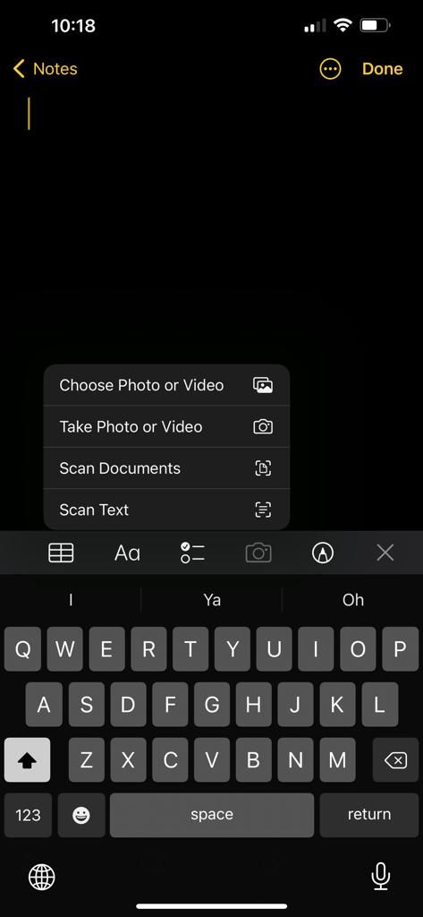 iPhone notes app showing different options