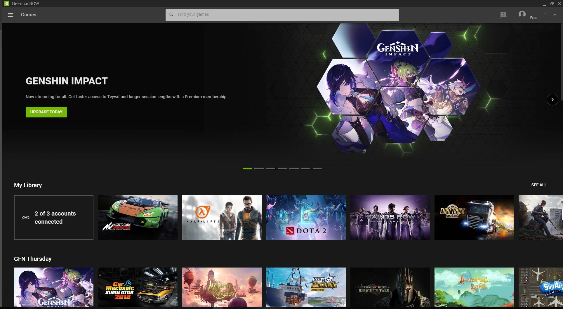 nvidia geforce now home page with game listings