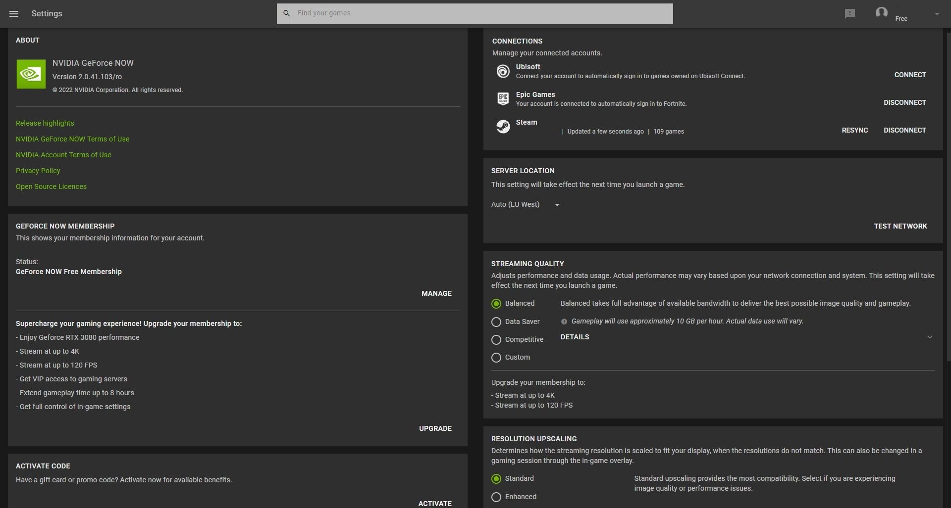 nvidia geforce now settings page