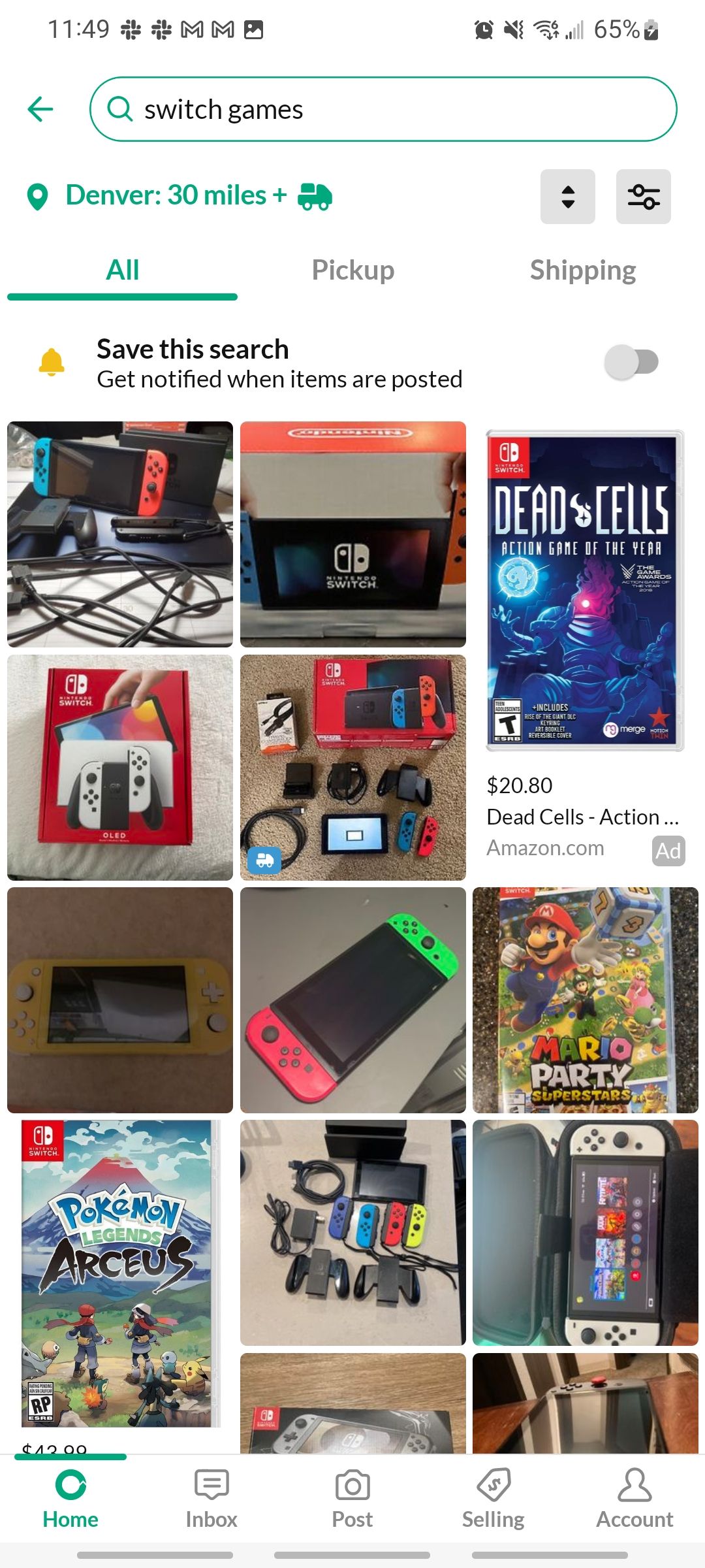 offerup app showing search results for switch games