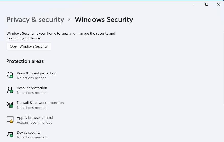 Open Windows Security option 