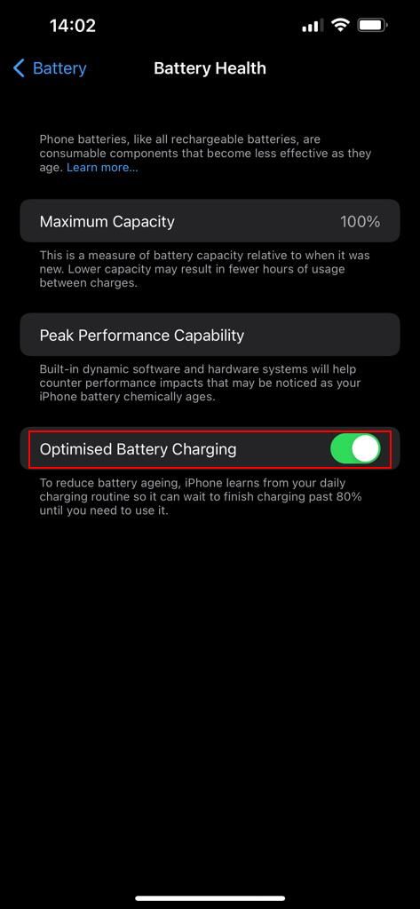 iPhone battery health settings
