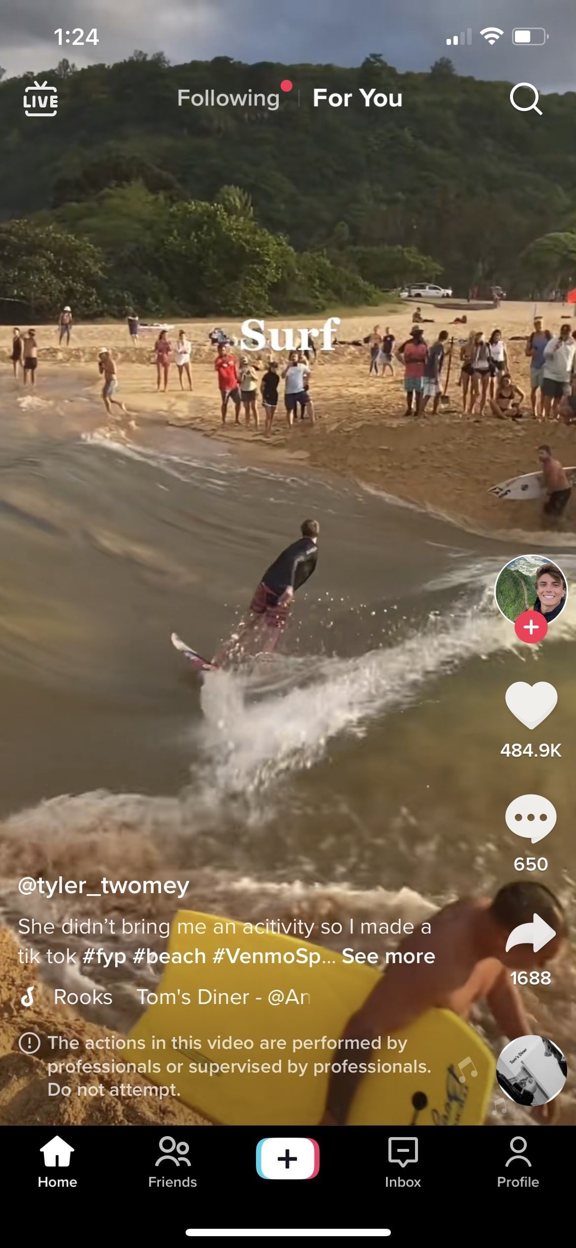Screenshot of TikTok video of someone surfing
