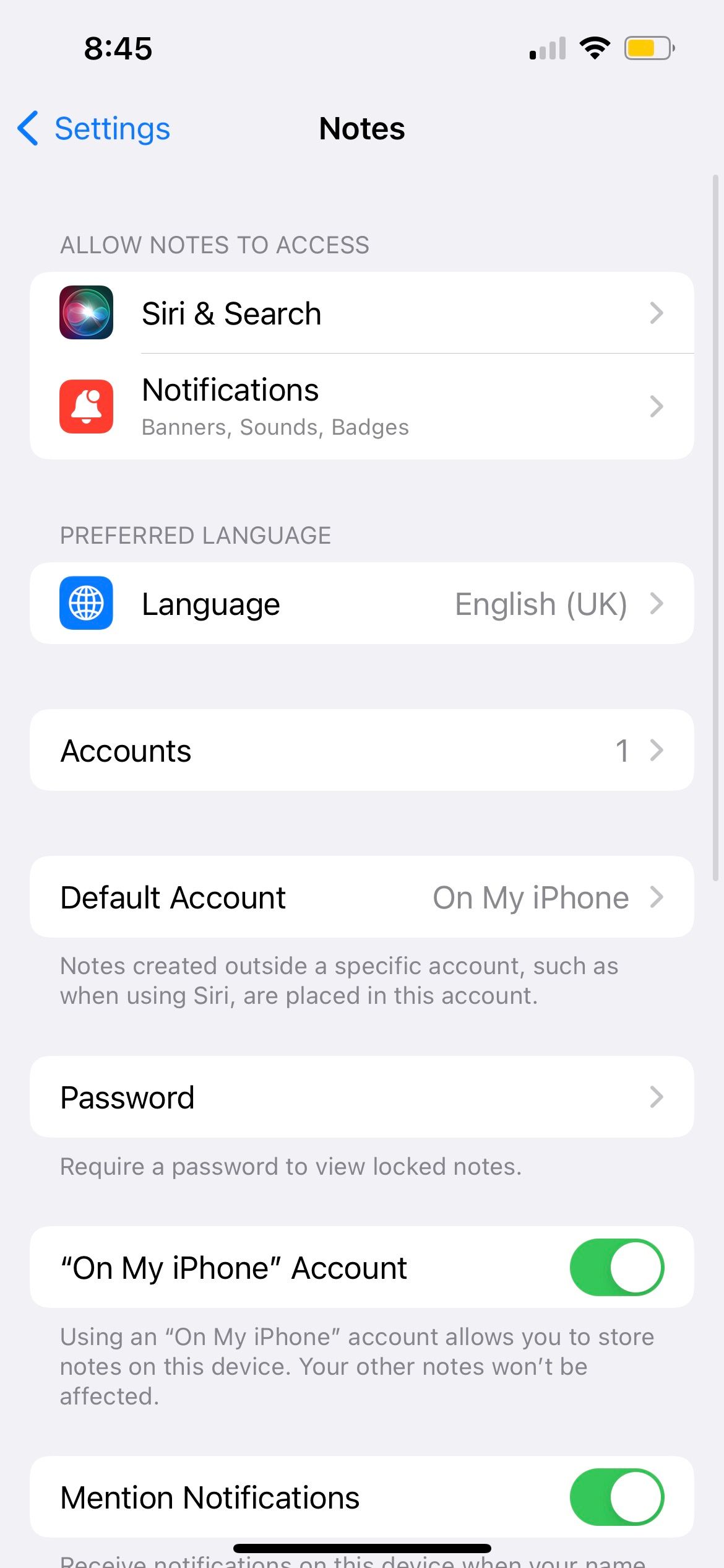 notes settings in iphone settings app