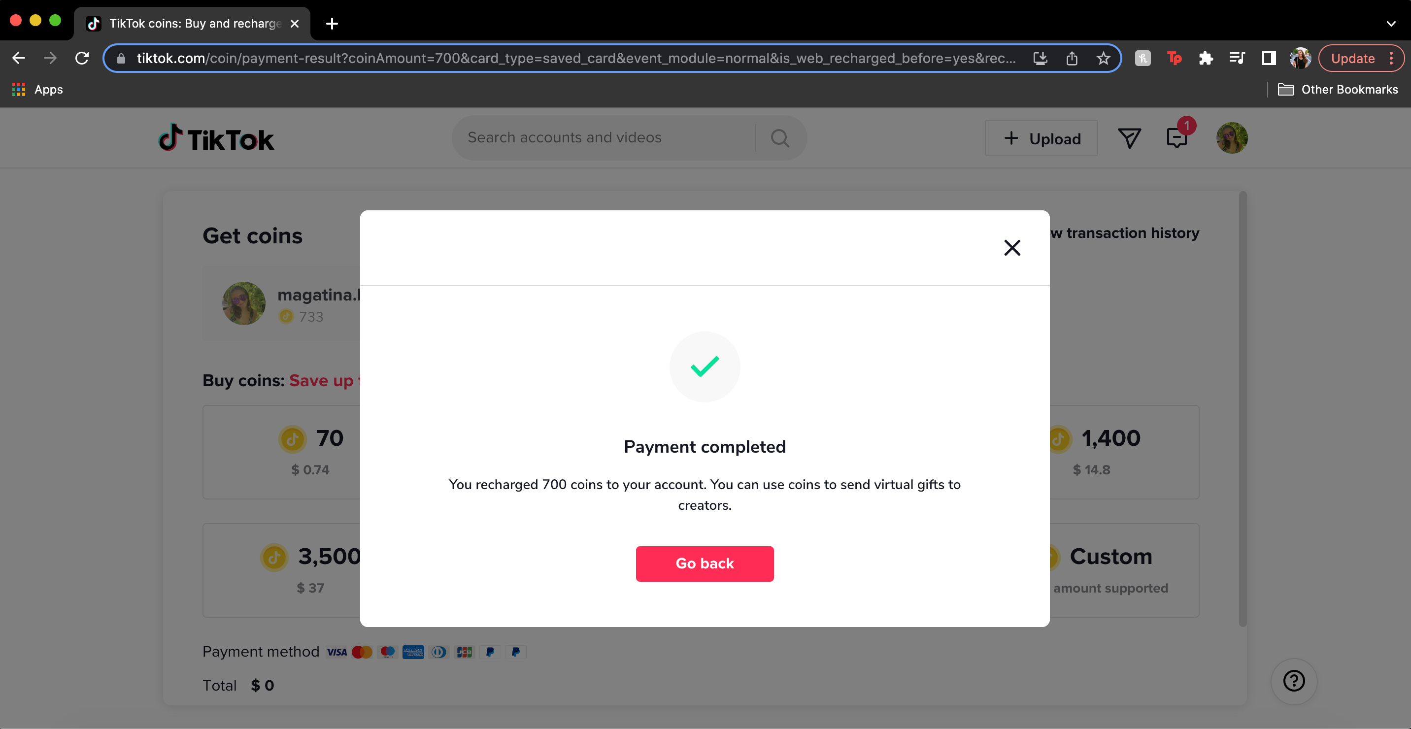Screenshot of desktop page showing that your TikTok coin purchase is complete