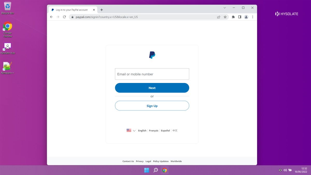 paypal website opened in the chrome browser in the hysolate enviroment