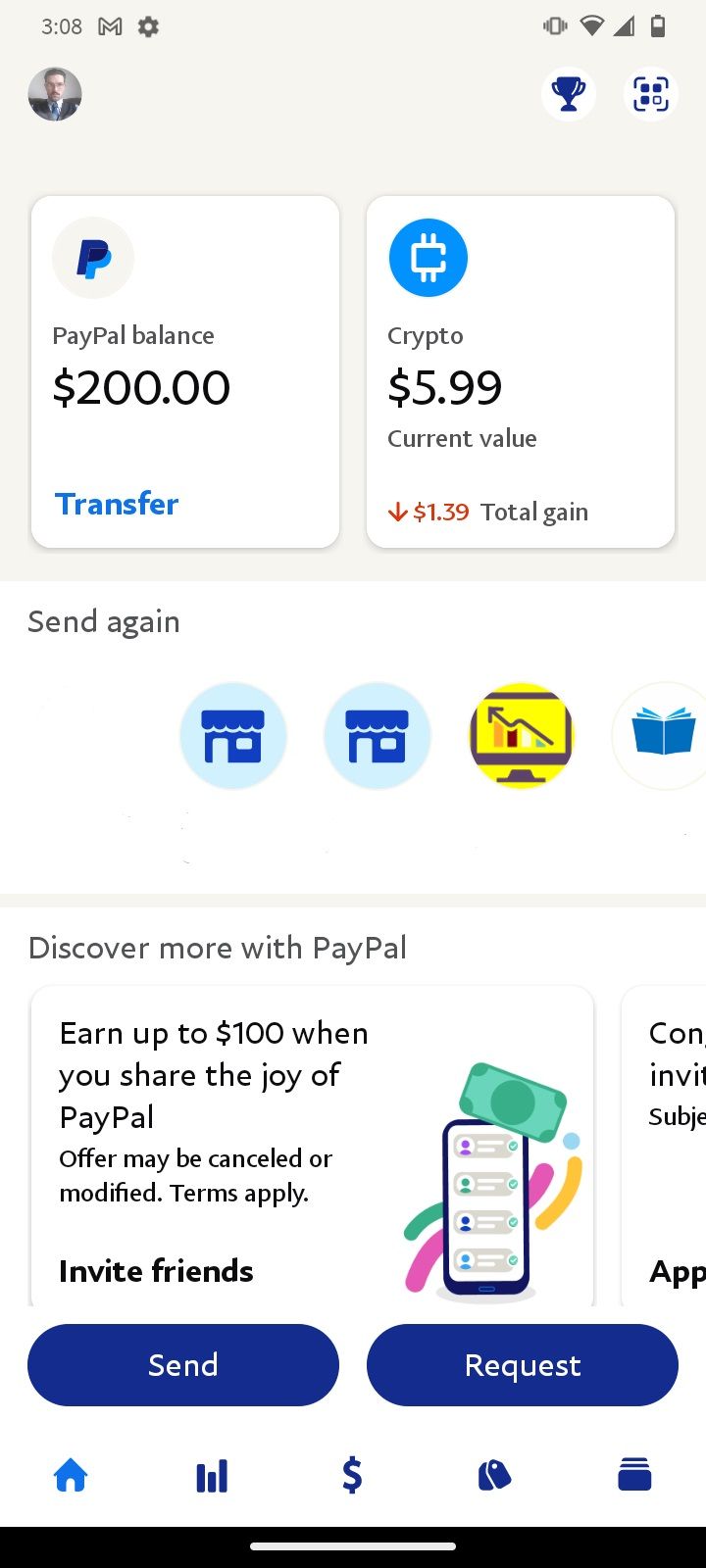 The main dashboard of the PayPal Mobile App