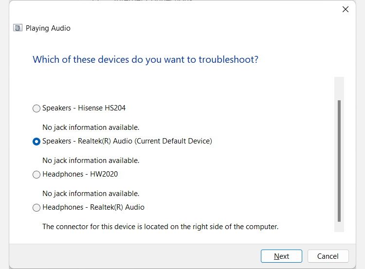 the screen to select a device in the playing audio troubleshooting in windows