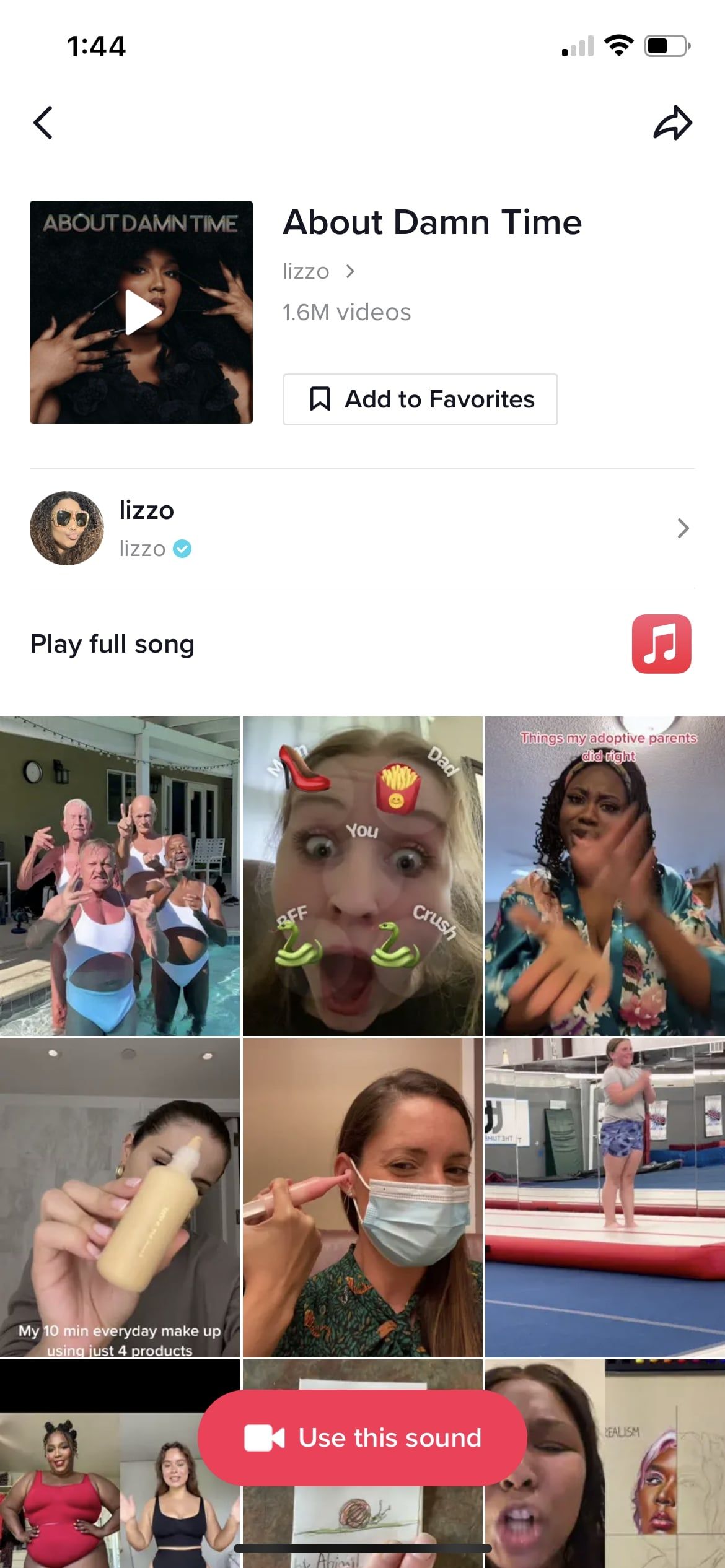 Screenshot of the "About Damn Time" sound page on TikTok