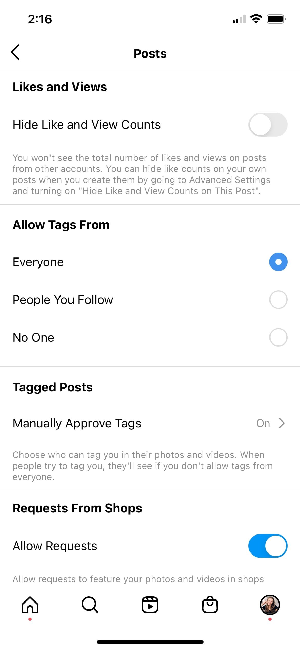 Screenshot of the privacy settings for posts on Instagram