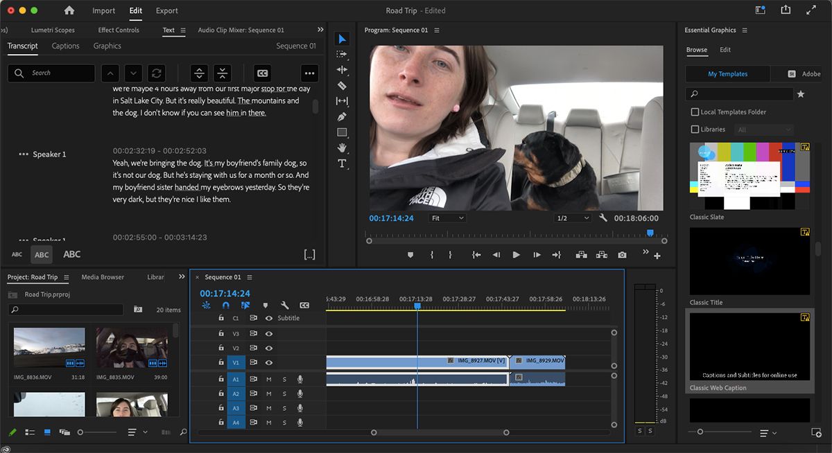 Premiere Pro interface showing a video timeline with associated captions.