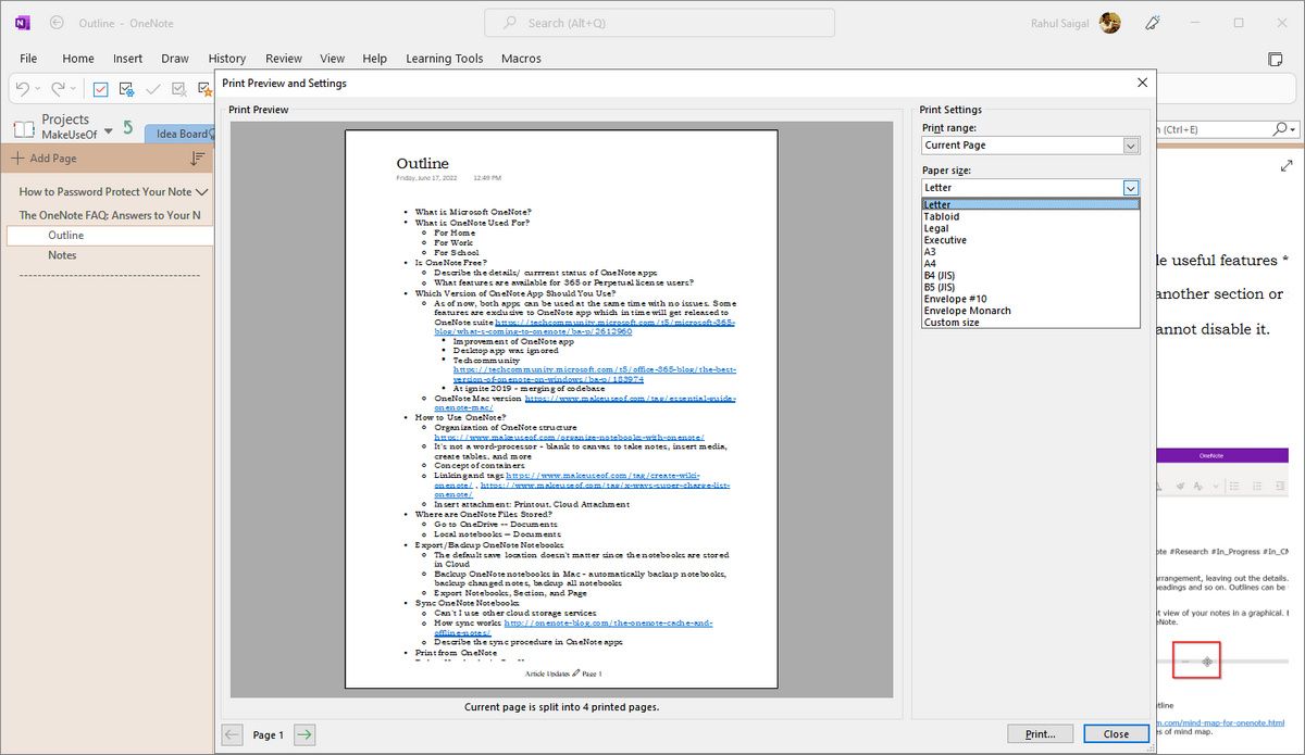 print preview OneNote